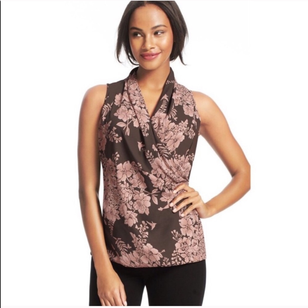 CAbi gray pink floral wrap sleeveless drape top